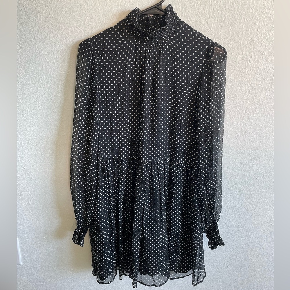 Sezane Black White Polka Dot Long Sleeve Dress 100% Silk Size 34 EU Sheer Lined - Picture 2 of 9
